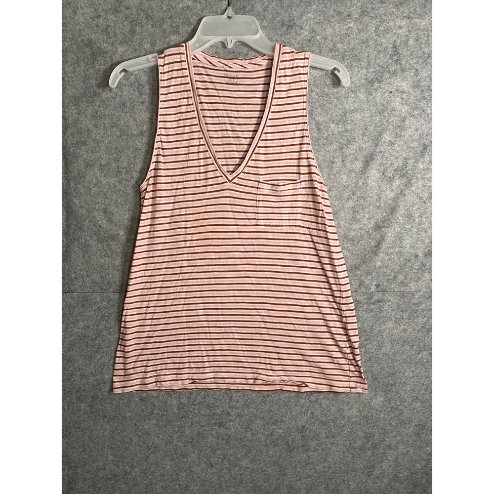 Madewell Whisper Cotton V-Neck Tank Top Pink Brown Striped Size S